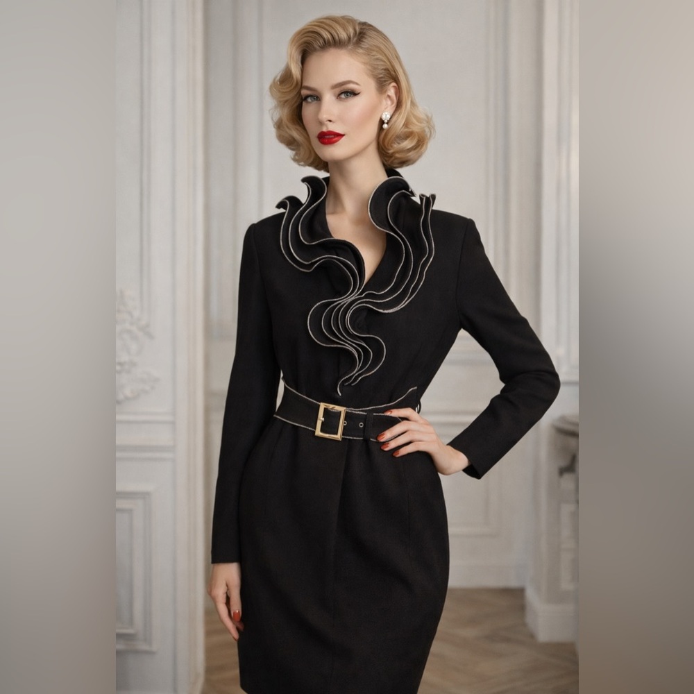 Joseph Ribkoff black zipper long sleeve belted dress